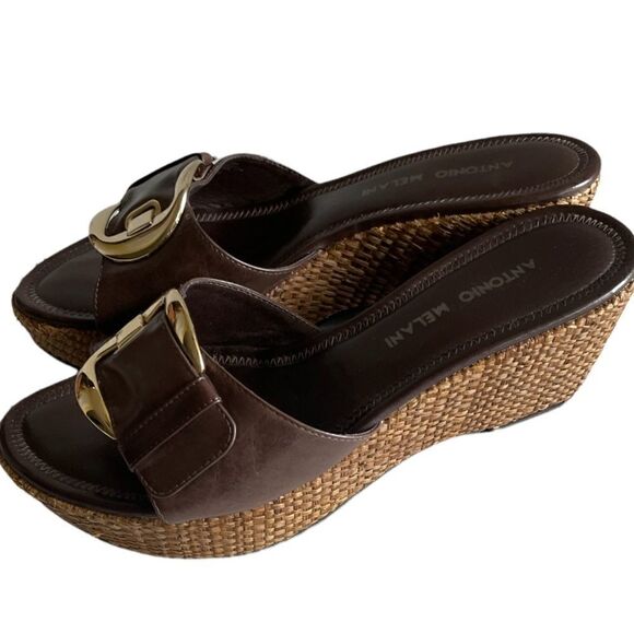 Antonio Melani Platform Sandals Mules, Size 6 1/2 Brown Buckles with Gold Metal - Picture 4 of 7